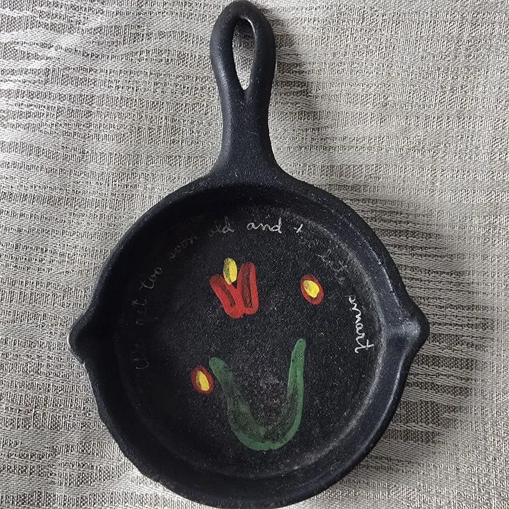 Mini Vintage Hand Painted Cast Iron Decorative Pan Floral with Wisdom 4.5 inch